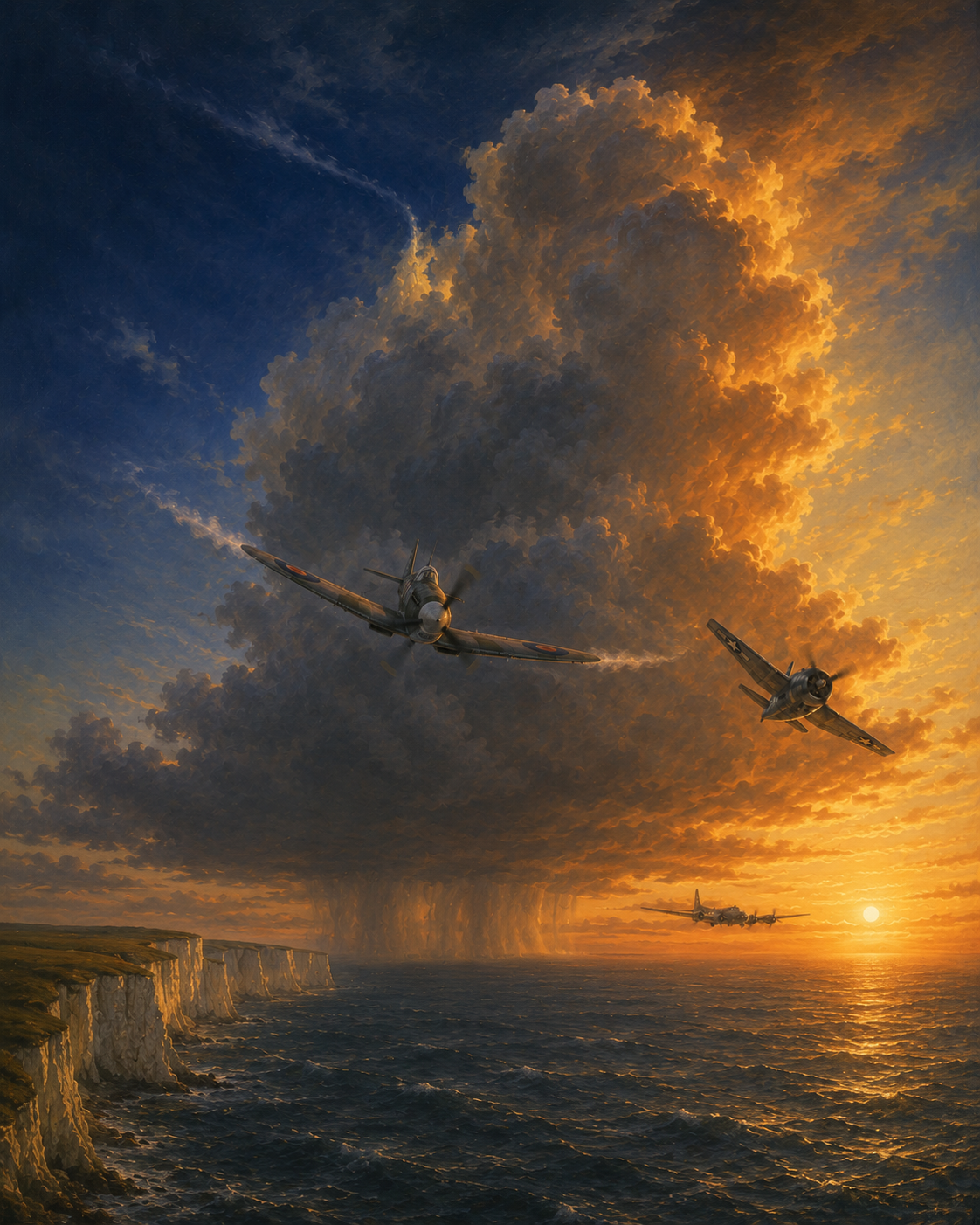 Warbirds over the white cliffs at sunset